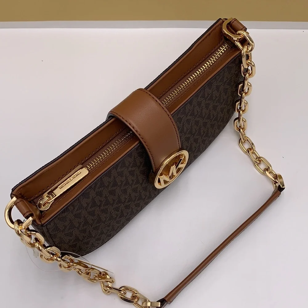 MICHAEL KORS Carmen Small Shoulder Pochette Bag BROWN SIGNATURE COLOR  NWT